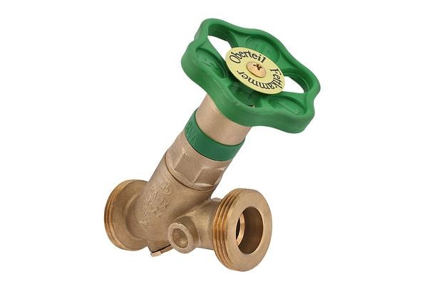 Schrägsitzventil aus Messing mit grünem Handrad.