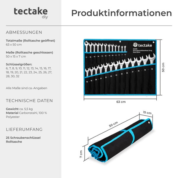 25-teiliges Schraubenschlüssel Set von tectake in Rollentasche, Größen von 6 Millimeter bis 32 Millimeter