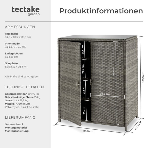 tectake Garden Logo, Gartenschrank aus Polyrattan mit Glasplatte, Maße 84,5 mal 40,5 mal 103,5 Zentimeter, Belastbarkeit circa 75 Kilogramm.