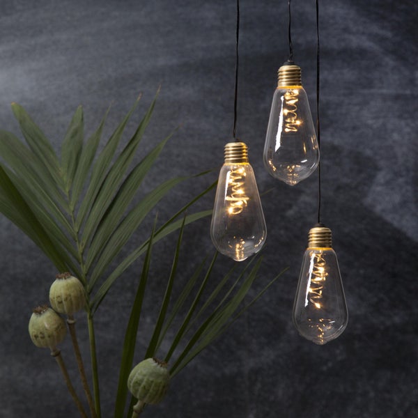 Drei Edison Glühbirnen mit Pflanzen auf einem Bild