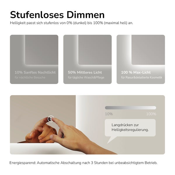 Infografik zur stufenlosen Dimmfunktion eines Spiegels von 0 bis 100 Prozent, Bedienung per Berührungssensor und automatische Abschaltung nach 3 Stunden.
