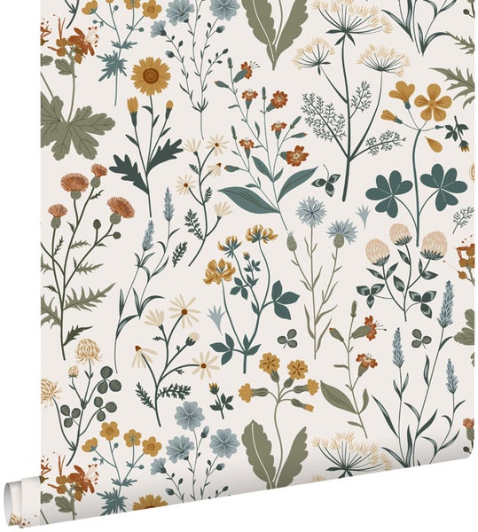 ESTAhome Tapete Feldblumen Ockergelb, Graugrün und Vintage Blau - 53 cm x 10.05 m - 139391