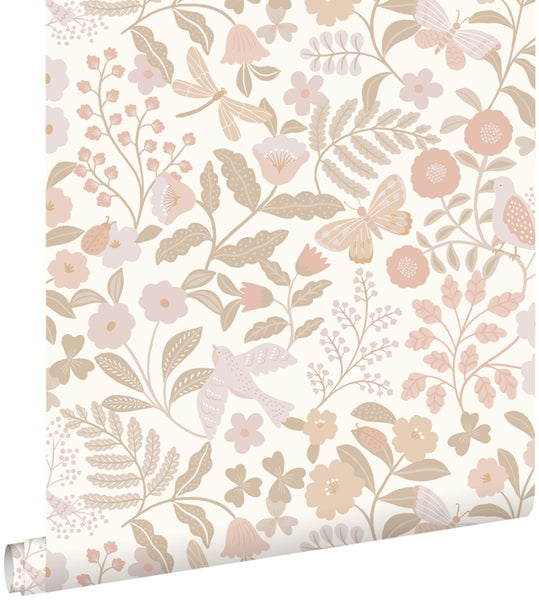 ESTAhome Tapete Blumen und Vögel Weiß, Beige und Hellrosa - 0.53 x 10.05 m - 139866