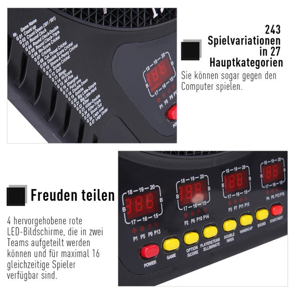 HOMCOM Elektronische Dart-set mit LED, automatischer Wertung, Soundeffekte, 6 Darts, 24 Dartköpfe, 27 Spiele und 243 Trefferoptionen, für 16 Spieler, 44 x 51,5 x 3,2 cm, ABS, PP, Schwarz