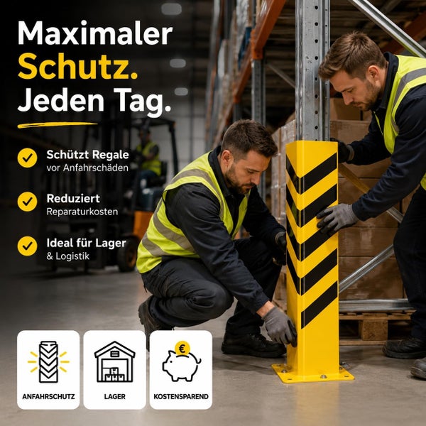 Arbeiter montieren einen gelben Anfahrschutz an ein Regal in einem hellen Lager. Symbole für Anfahrschutz, Lagerung und Kostenersparnis.