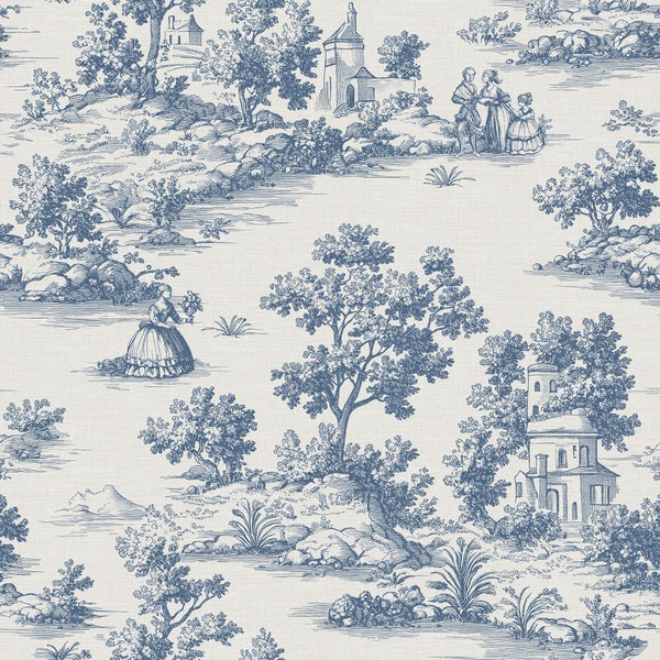 Vliestapete mit blauem Toile-de-Jouy-Muster, zeigt ländliche Szenen, Personen und historische Gebäude.