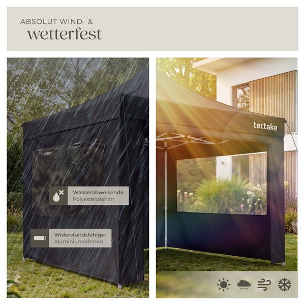 Wetterfester Faltpavillon von Tectake mit wasserabweisenden Polyesterplanen und stabilem Aluminiumrahmen für den Gartengebrauch.