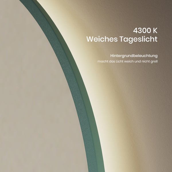 EMKE Badezimmerspiegel mit Beleuchtung Ø 60 cm, 4300K Neutralweiß, mit Touchschalter, LED-Uhr- und Temperaturanzeige,  Anti-Beschlag, elegantem grünem Rahmen, Wandspiegel für das Badezimmer