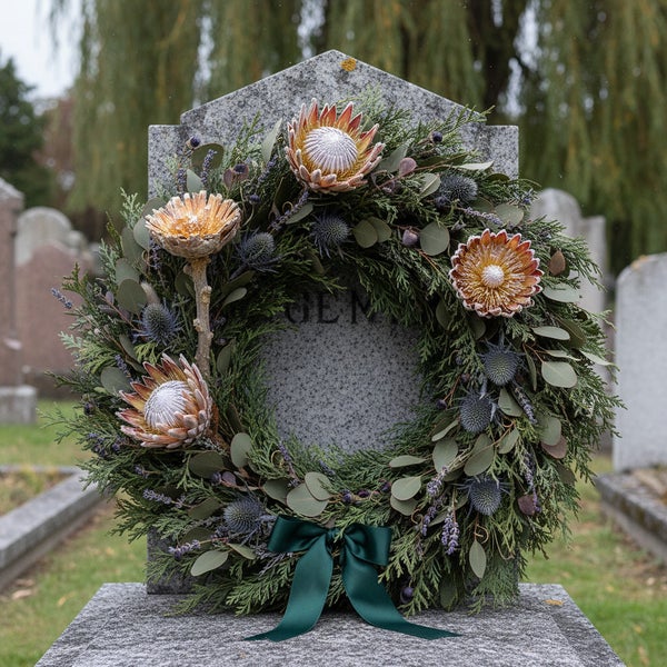 Grabkranz aus Koniferenzweigen und Eukalyptus mit Protea-Blüten, Disteln und einer grünen Schleife, platziert auf einem Grabstein.