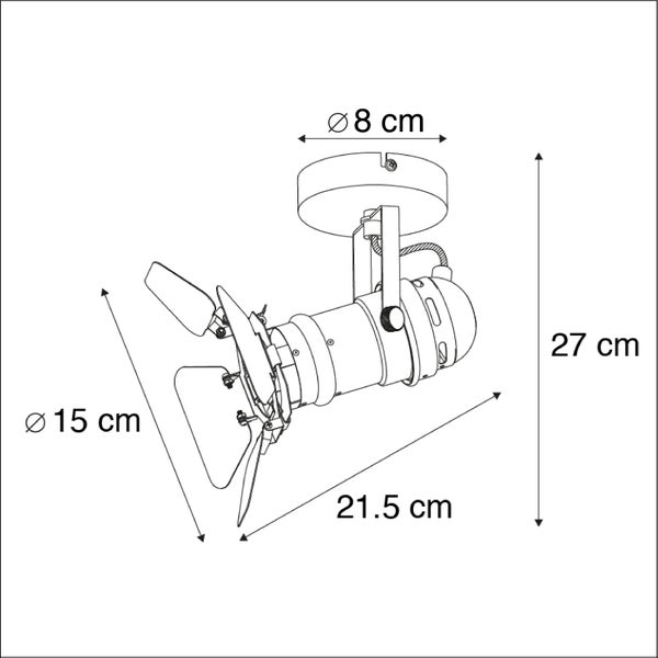 Technische Zeichnung einer Deckenleuchte mit den Maßen: Durchmesser 8 cm, 27 cm hoch, 21,5 cm lang und Durchmesser Schirm 15 cm.