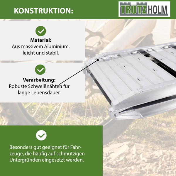 Trutzholm Logo, Auffahrrampe aus massivem Aluminium mit robusten Schweißnähten, ideal für Fahrzeuge auf verschmutztem Untergrund.