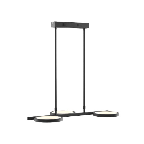 Moderne LED Pendelleuchte mit drei runden Leuchtkörpern und schwarzer Halterung