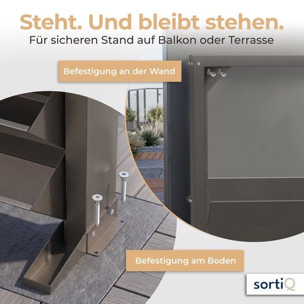 Infografik zur sicheren Befestigung eines Pflanzregals an Wand oder Boden auf dem Balkon oder der Terrasse mit SortiQ Logo.
