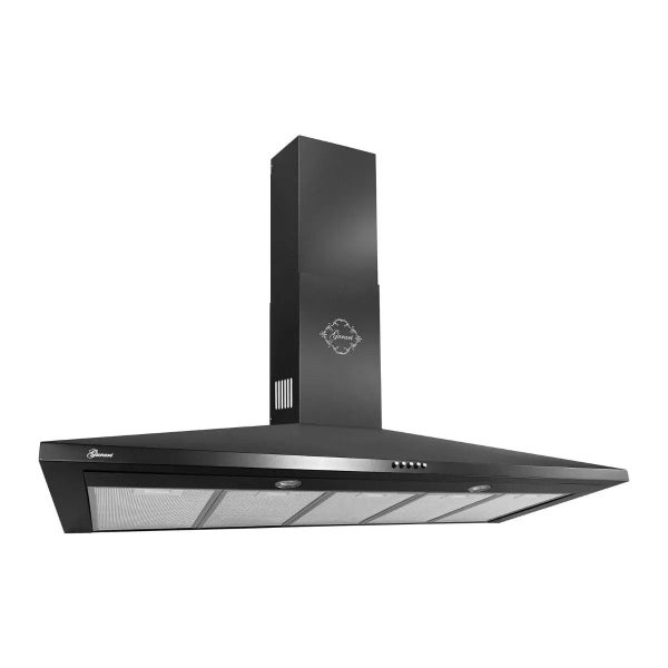 Schwarze Wand-Dunstabzugshaube von Gurari mit Metall-Fettfiltern, Kamin und integrierter Beleuchtung.