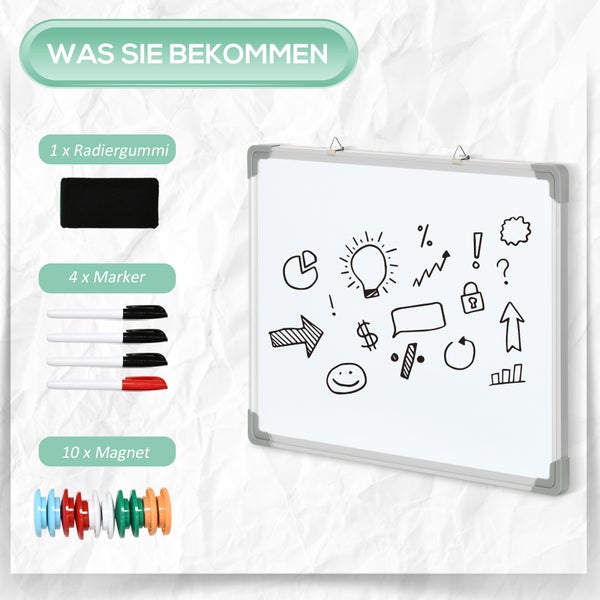 Whiteboard-Set bestehend aus einer weißen Magnettafel, einem Radiergummi, vier Markern und zehn bunten Magneten.