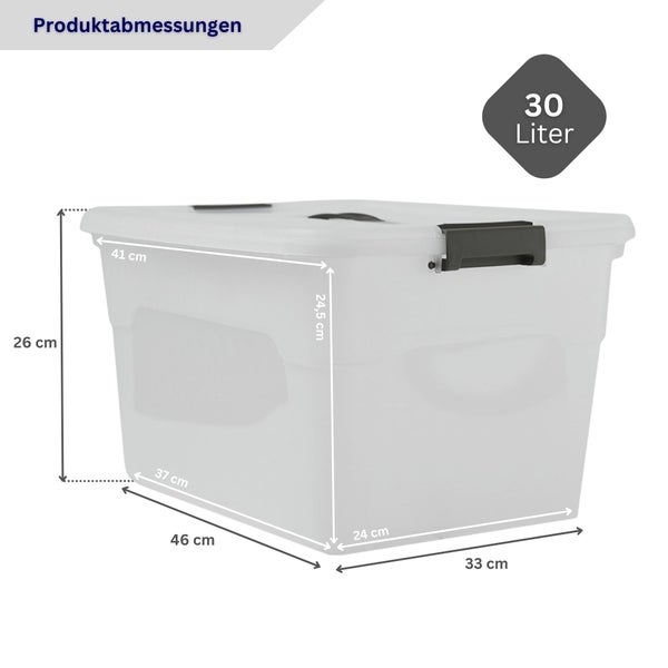 Aufbewahrungsbox mit den Produktabmessungen 41 x 46 x 26 cm und einem Volumen von 30 Liter.