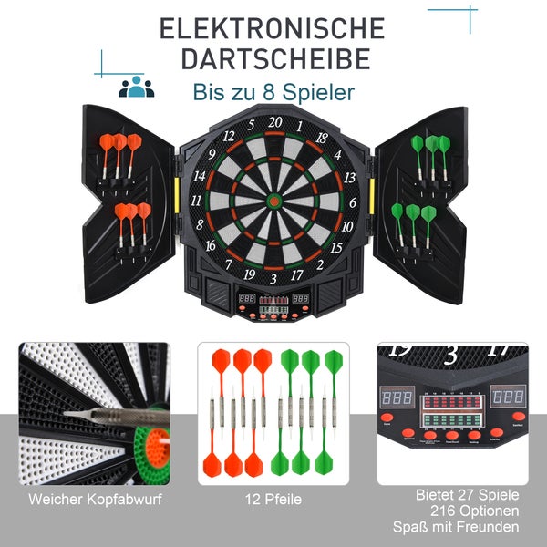 HOMCOM Elektronische Dart-set mit Tür, LED Anzeige, Soundeffekte, 12 Darts, 12 Dartköpfe, 27 Spiele und 216 Trefferoptionen für 8 Spieler,  49 x 54,6 x 5,5 cm, Kunststoff, Schwarz