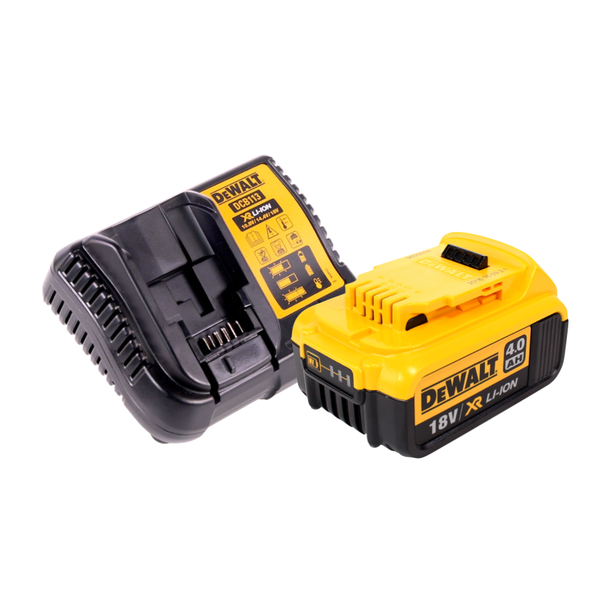 DeWalt Starter-Set bestehend aus einem 18 Volt Lithium-Ionen-Akku mit 4,0 Amperestunden Kapazität und einem passenden Akku-Ladegerät.