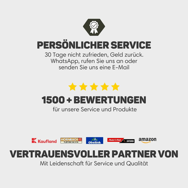 Infografik mit Hinweisen zu Kundenservice, Garantie, Bewertungen und Kooperationspartnern inklusive Hornbach Logo.
