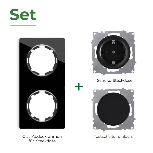 Set bestehend aus doppeltem Glas-Abdeckrahmen, Schuko-Steckdose und einfachem Tastschalter.