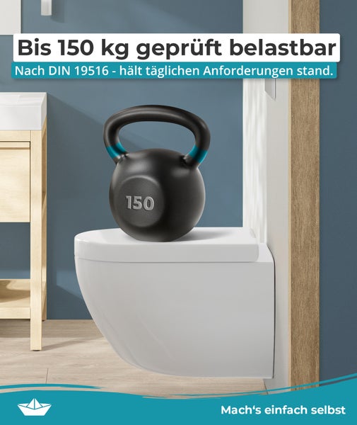 Wand-WC mit aufgesetzter Kettlebell zur Veranschaulichung der Belastbarkeit von 150 Kilogramm gemäß DIN 19516 Norm in einem Badezimmer.