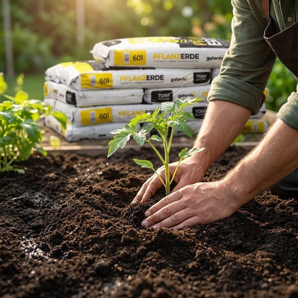 Hände pflanzen einen Setzling in dunkle Erde vor einem Stapel Säcke Galanlo Pflanzerde 60 Liter in einer hellen Gartenumgebung.