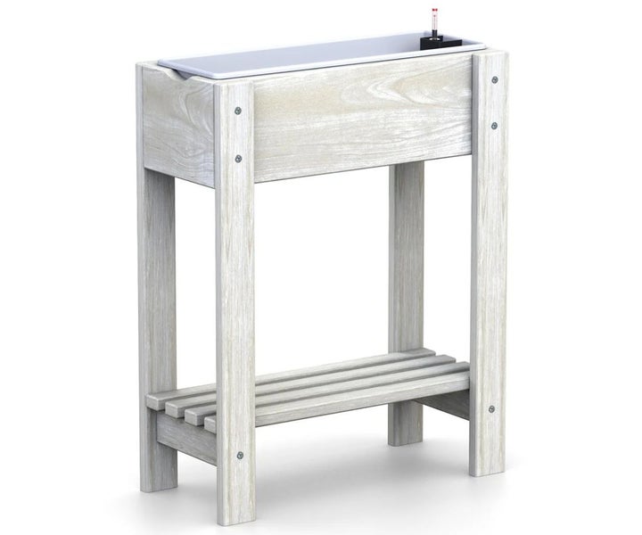 Abbildung von drei Pflanztischen aus Holz mit weißen Pflanzkästen und Maßangaben