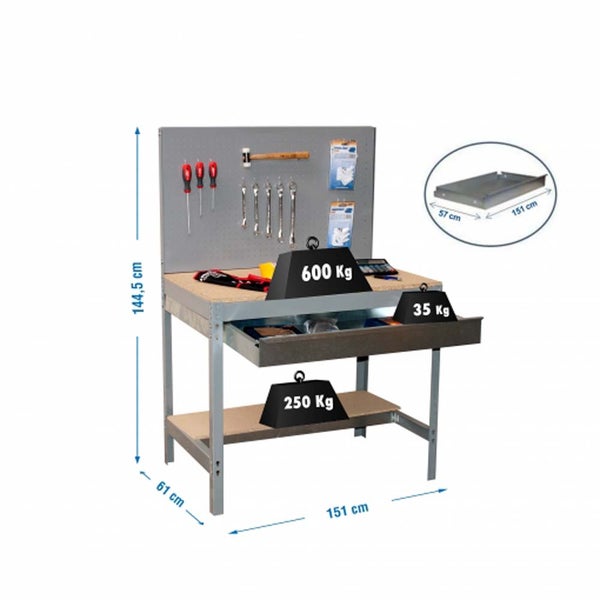 PROREGAL Werkbank Buffalo mit Werkzeugwand und Schubfach HxBxT 84 x 150 x 61 cm Traglast 600 kg Grau