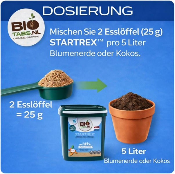 Dosierungsanleitung für Startrex: 2 Esslöffel (25 Gramm) auf 5 Liter Blumenerde oder Kokos mischen. BioTabs.nl Logo.