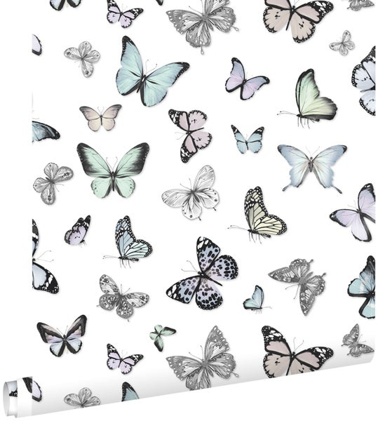 ESTAhome Tapete Schmetterlinge Pastell Mintgrün und Pastellviolett - 53 cm x 10.05 m - 138875