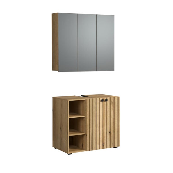 Badezimmermöbel Set bestehend aus Spiegelschrank mit drei Spiegeltüren und Waschbeckenunterschrank mit offenen Regalfächern und Lamellenfront