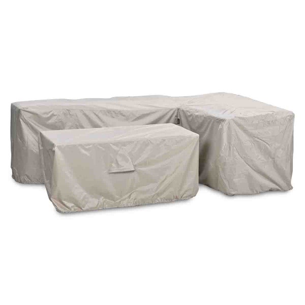 Schutzhülle für Gartenmöbel-Set, bestehend aus Abdeckhaube für Ecklounge und Tisch aus wetterfestem Material.