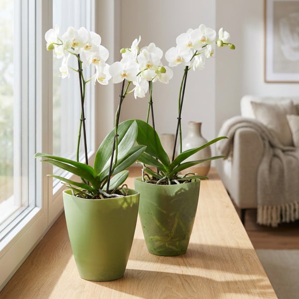 Zwei weiße Phalaenopsis Orchideen in grünen Übertöpfen auf einer Holzfensterbank vor einem hellen Wohnzimmer.