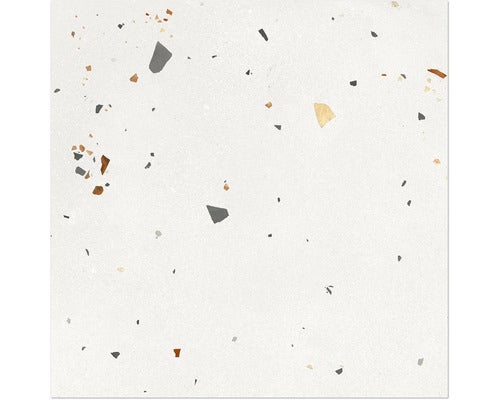 Quadratische Feinsteinzeugfliese in Terrazzo-Optik mit grauen und braunen Fragmenten für Wand und Boden.