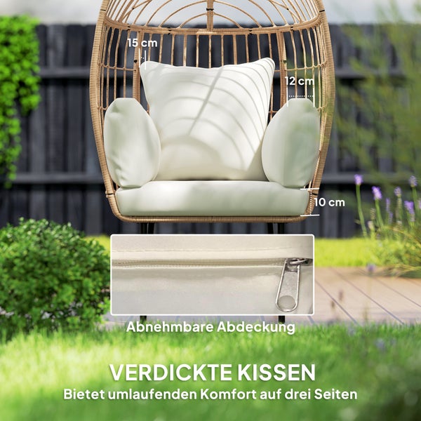 Outsunny Rattansessel Ei-Förmig mit abnehmbarem Kissen, Polster, übergroße Outdoor Sessel aus Rattan, Wetterfest Korbsessel Gartensessel Gartenstühle für Garten Balkon, Veranda, Terrasse Beige