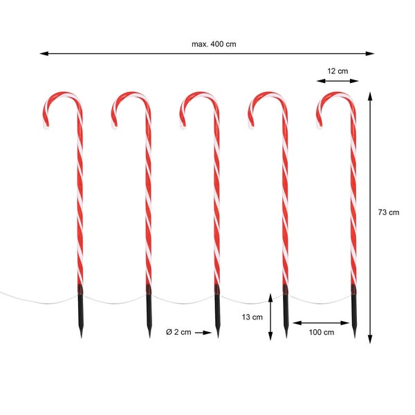 ECD Germany LED Zuckerstangen 5er Set mit 40 Warmweißen LEDs, 73cm, Rot Weiß, batteriebetrieben, Außen & Innen, Beleuchtete Gartenstäbe Weihnachtsdeko Gartenstecker Weihnachtsweg Marker Lichterkette