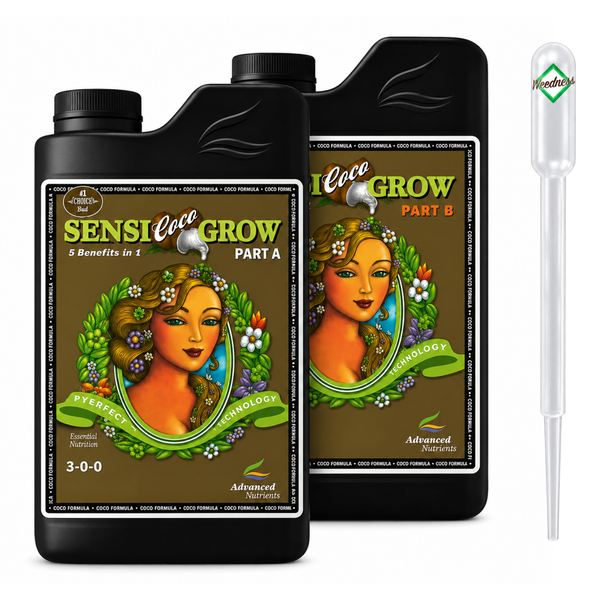 Zwei Flaschen Advanced Nutrients Sensi Coco Grow Teil A und B Pflanzendünger inklusive Pipette.