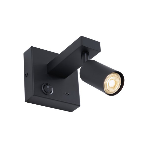 Schwarze Wandleuchte mit Schalter und USB-Anschluss