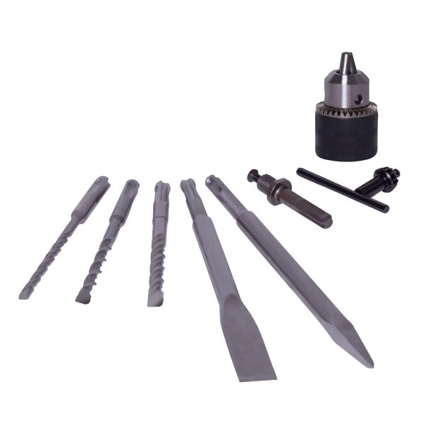 Bohr- und Meißelset mit Zahnkranzbohrfutter, Bohrfutterschlüssel, SDS Plus Adapter, Hammerbohrern und Meißeln aus Metall.