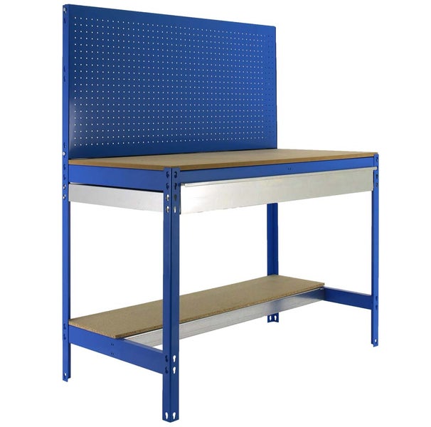 PROREGAL Werkbank Buffalo mit Werkzeugwand und Schubfach HxBxT 84 x 120 x 61 cm Traglast 600 kg Blau