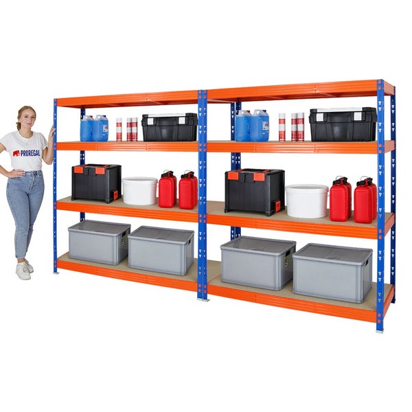 PROREGAL Mega Deal 2x Profi Schwerlastregal Rhino HxBxT 180 x 160 x 60 cm 4 Spanplatten-Ebenen 8mm Fachlast 500 kg Blau-Orange