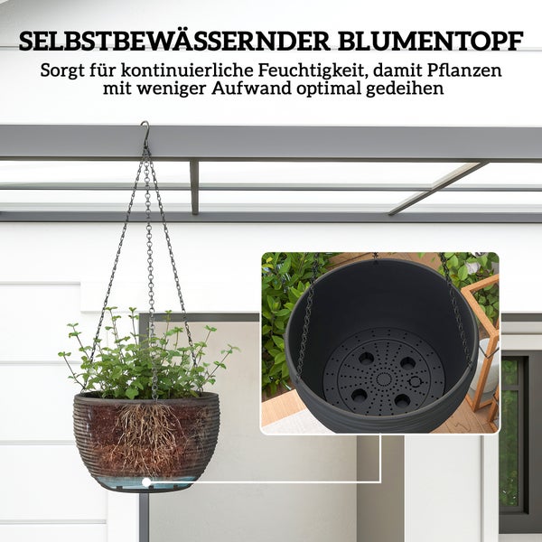 Selbstbewässernder Blumenampel mit Pflanze und Innenansicht des Bewässerungssystems mit gelochtem Boden und Wasserreservoir.