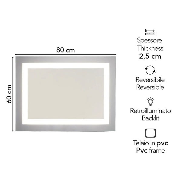 LED-Wandspiegel, 80 mal 60 Zentimeter, Tiefe 2,5 Zentimeter, hintergrundbeleuchtet, PVC-Rahmen, horizontal oder vertikal montierbar.