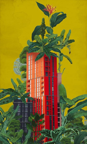 Illustration eines Gebäudes umgeben von Pflanzen