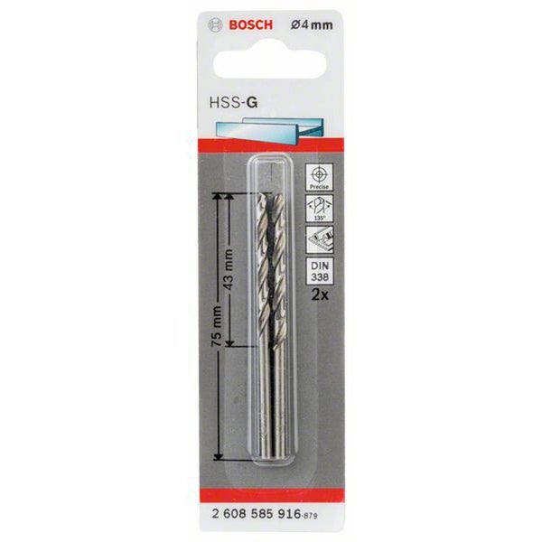 Bosch 2x Metallbohrer HSS-G DIN 338 4 x 43 x 75 mm - 2608585916