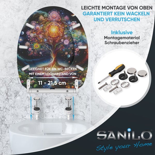 Sanilo WC-Sitz mit Baum-Motiv, inklusive Montagematerial und Schraubenzieher, verstellbarer Lochabstand von 11 bis 21,5 Zentimeter für Toiletten.
