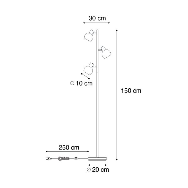 Abmessungen einer Stehlampe mit drei Strahlern, Höhe 150 cm