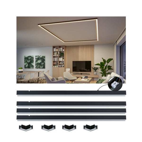 Moderne quadratische LED Deckenleuchte montiert in einem Wohnzimmer mit vier Profilen und Eckverbindern sowie Detailansicht des Stromanschlusses.