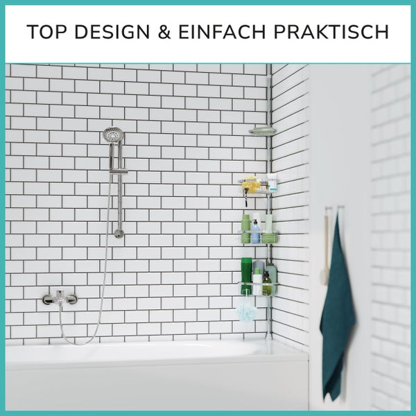 Teleskop Duschregal mit 3 Fach Anti-Rost Schutz (Version 2.0) - Stabiles & flexibles 105-270cm Duschregal Teleskop ohne Bohren - Teleskopregal Bad 4 Körbe - Klemmregal Dusche und Badewanne