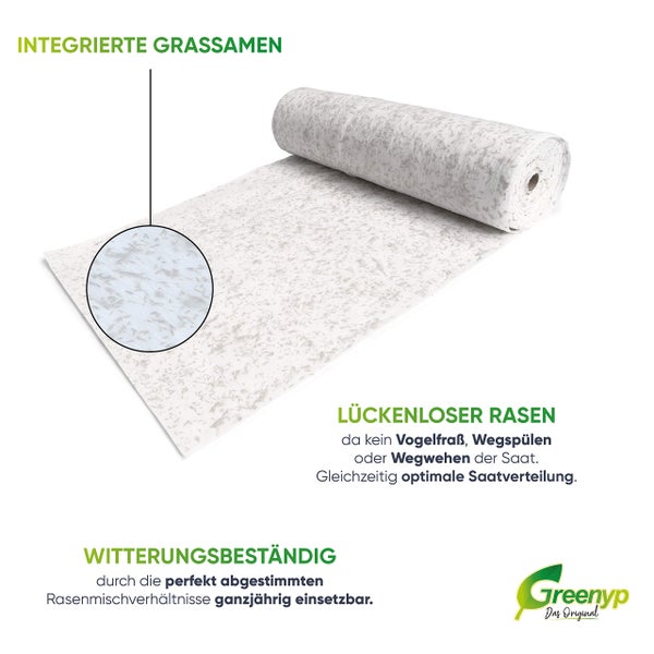 Greenyp All-In-One Grassamen Matte I 50m² I biologisch abbaubare Rasenmatte mit integrierten Rasensamen, Rasensamenmatte, Rollrasen, Rasenvlies
